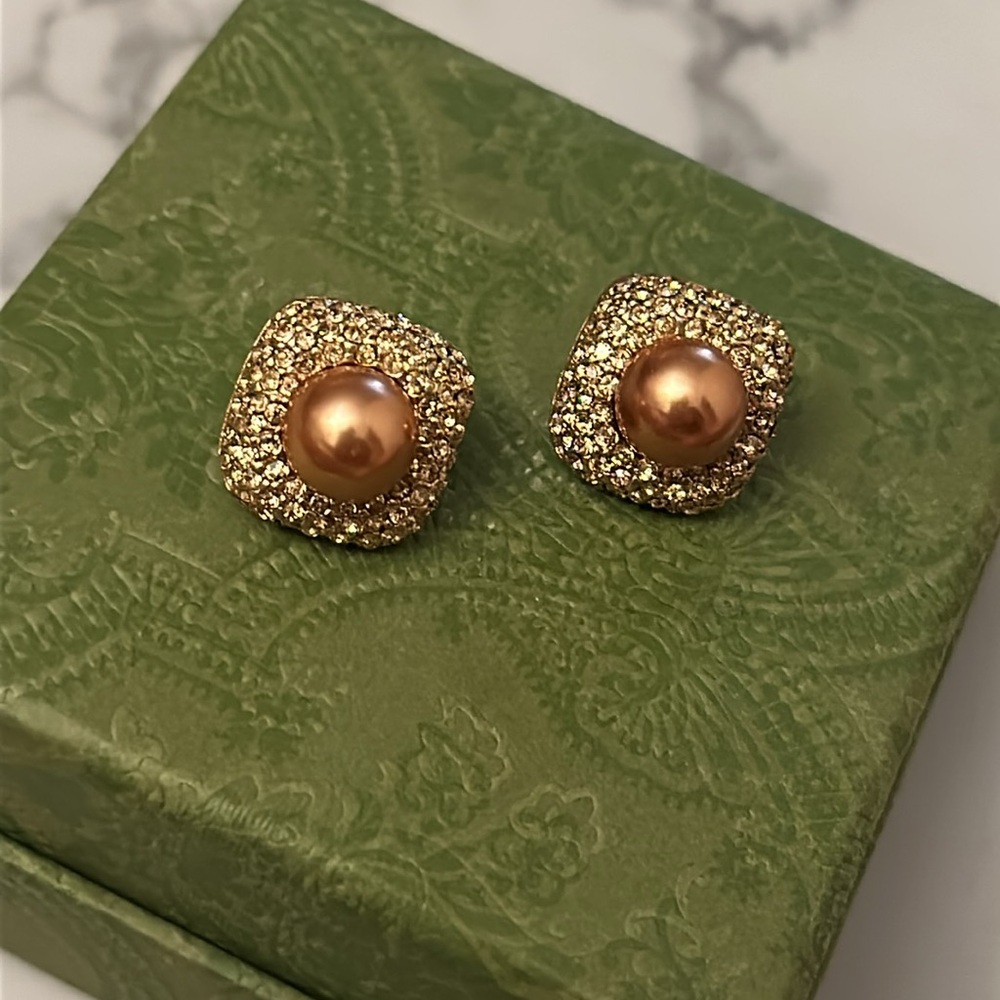 KJL Kenneth Jay Lane Vintage Faux Bronze Pearl & Pave Pierced Earrings